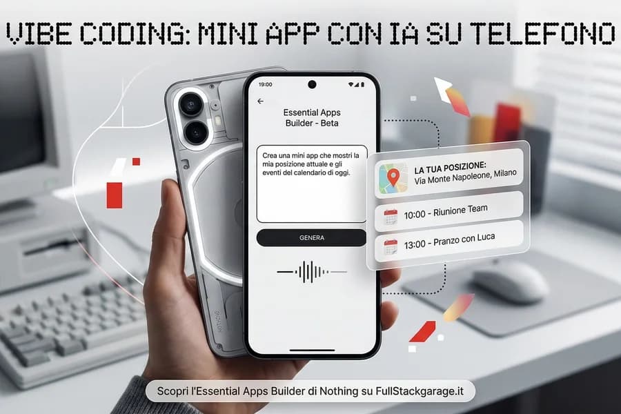 Una mano regge uno smartphone con schermata di sviluppo di mini app attraverso l'IA.