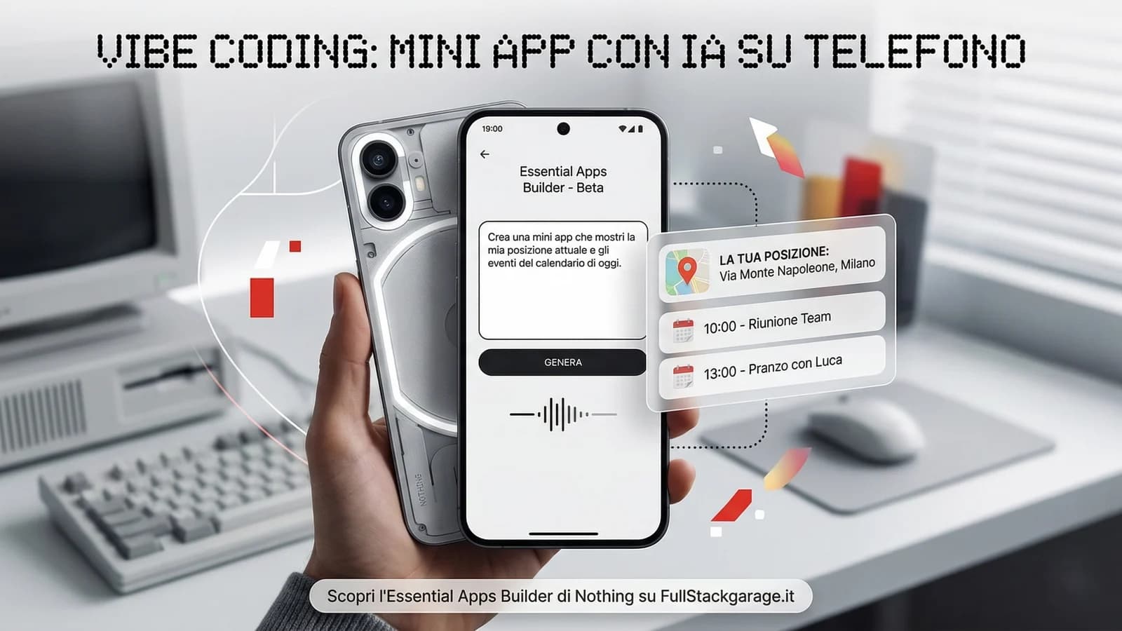 Una mano regge uno smartphone con schermata di sviluppo di mini app attraverso l'IA.