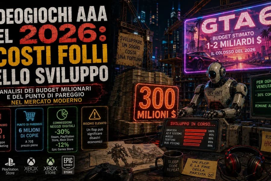 Infografica con schermi di videogiochi e grafici sui costi di sviluppo dei titoli AAA.
