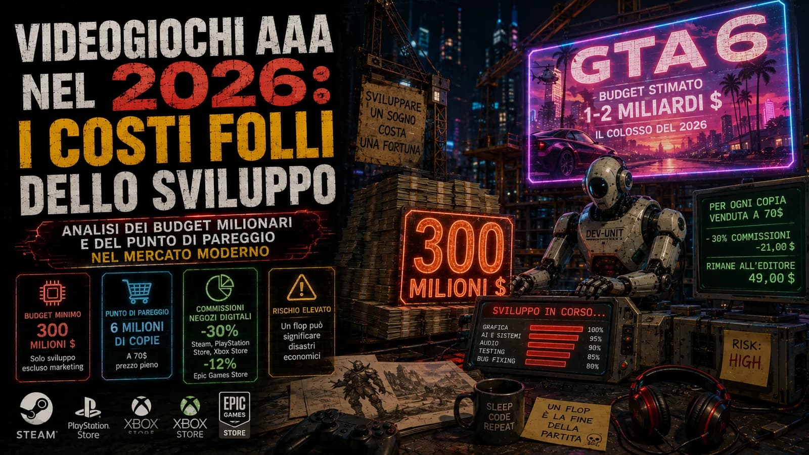 Infografica con schermi di videogiochi e grafici sui costi di sviluppo dei titoli AAA.
