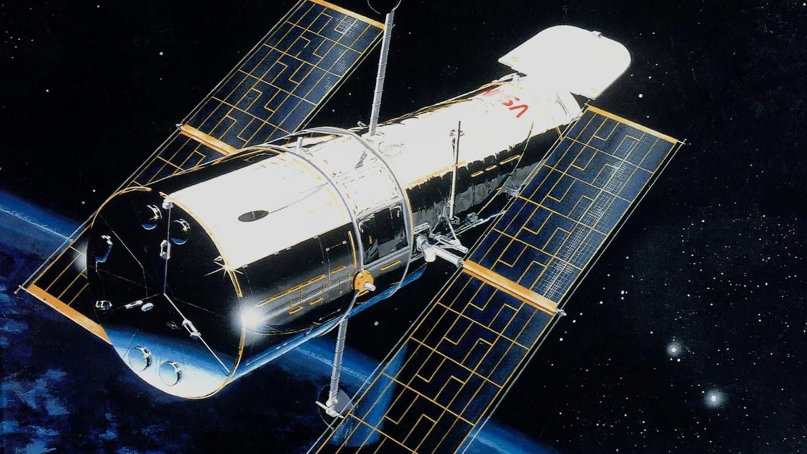 Immagine del telescopio spaziale Hubble con pannelli solari in orbita.