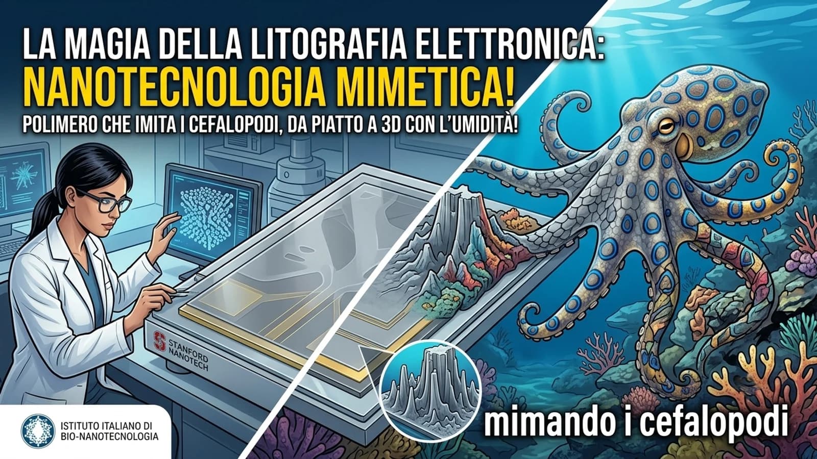 Illustrazione di una ricercatrice con materiale polimerico e immagini di cefalopodi e mimetismo.