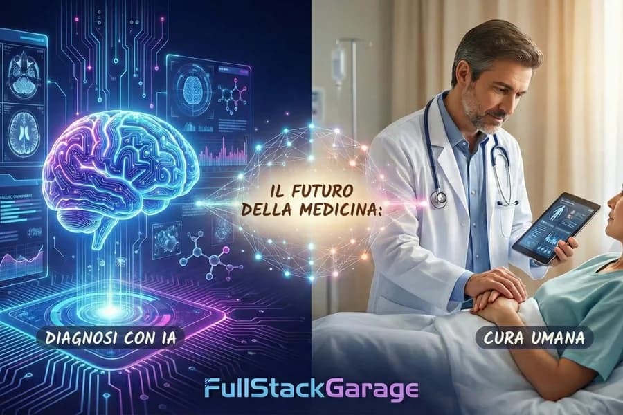 Medico in camice che mostra un tablet a una paziente, con grafica sull'IA diagnostica.