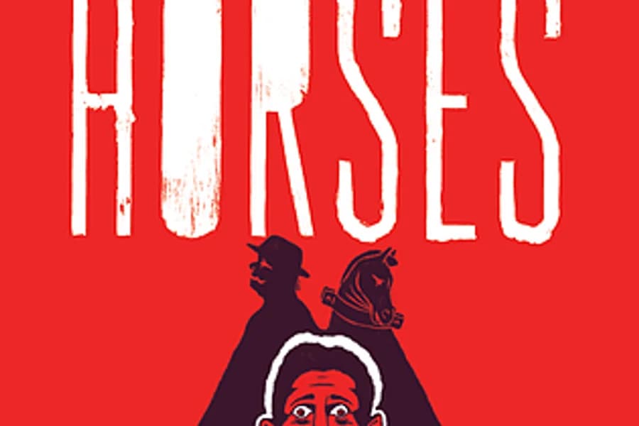 Copertina rossa del videogioco Horses con figure a cavallo in controluce.