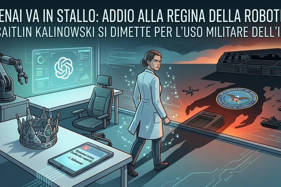 Laboratorio di robotica con bracci meccanici e schermi, nella copertina sull'uscita da OpenAI.