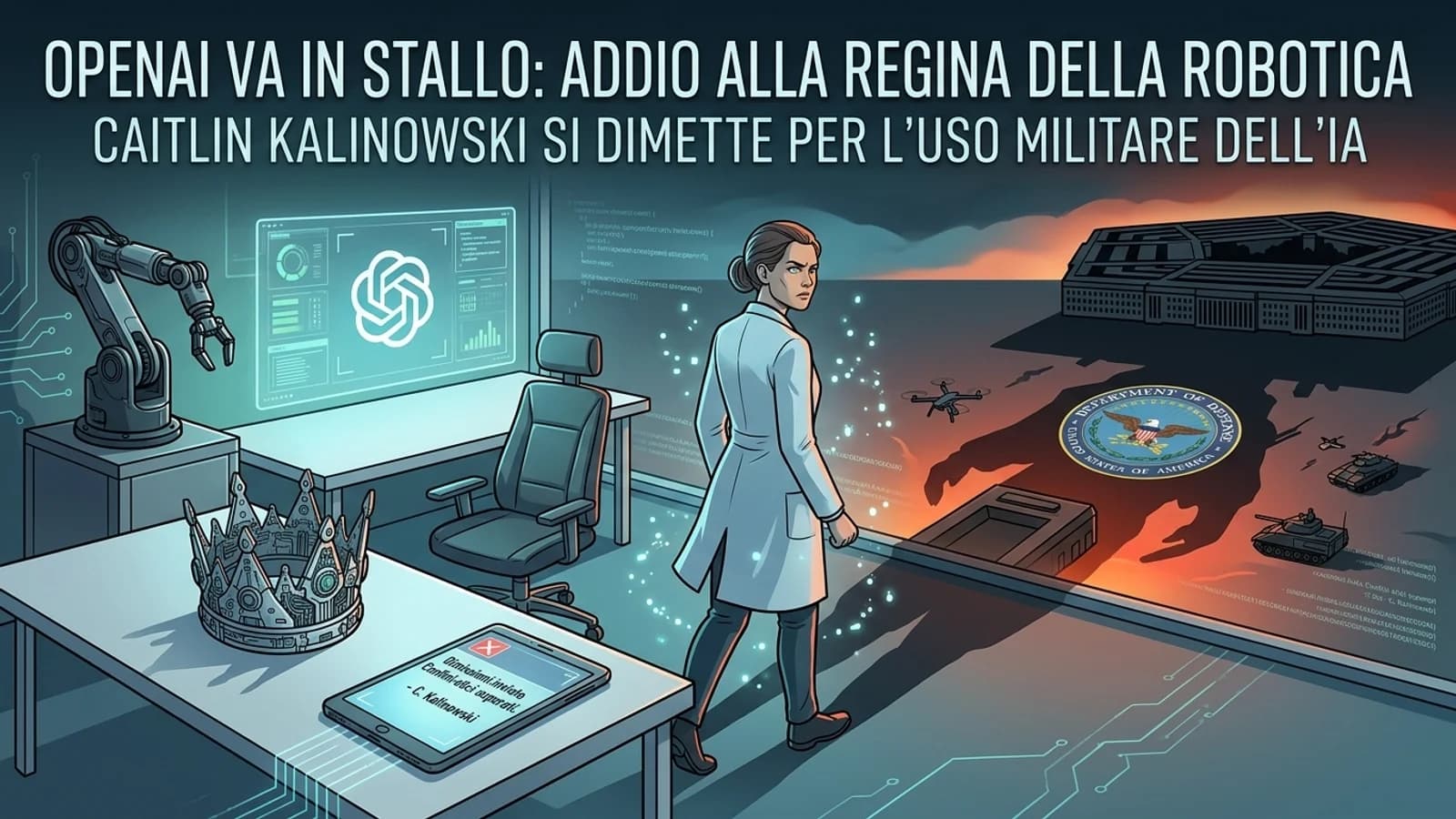 Laboratorio di robotica con bracci meccanici e schermi, nella copertina sull'uscita da OpenAI.