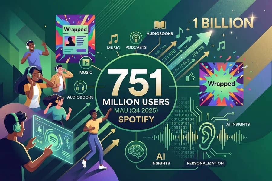Infografica Spotify con numeri di utenti, smartphone e grafici di crescita.