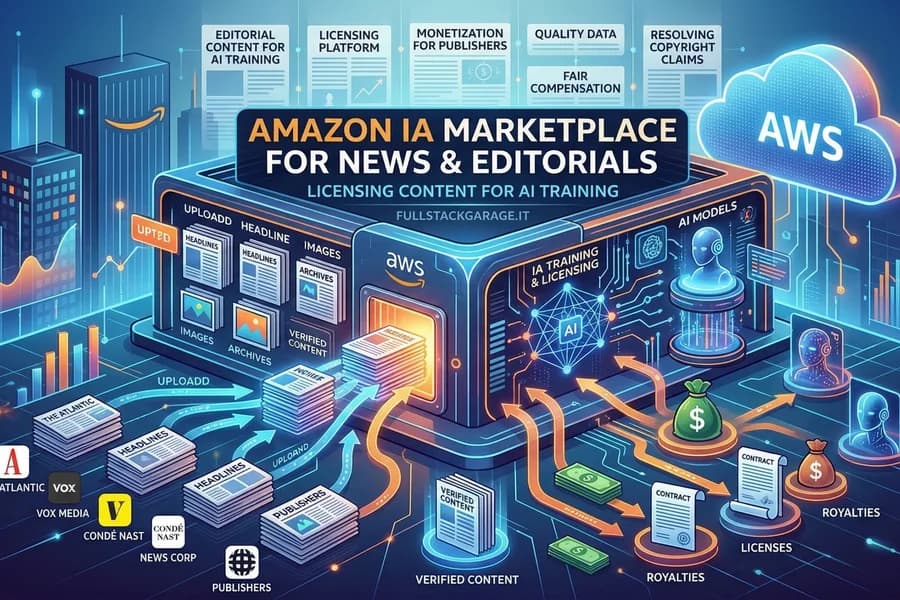 Infografica Amazon Web Services sul marketplace per contenuti editoriali e notizie per l'IA.