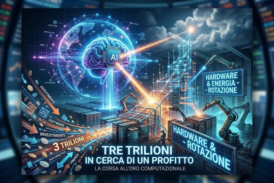 Infografica su investimenti miliardari nell'IA con schermi, rete digitale e grafici economici.