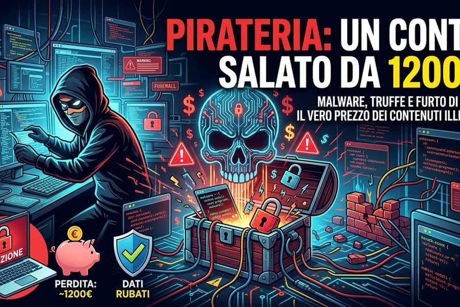 Illustrazione di una minaccia informatica con pirata digitale, virus e truffe online.