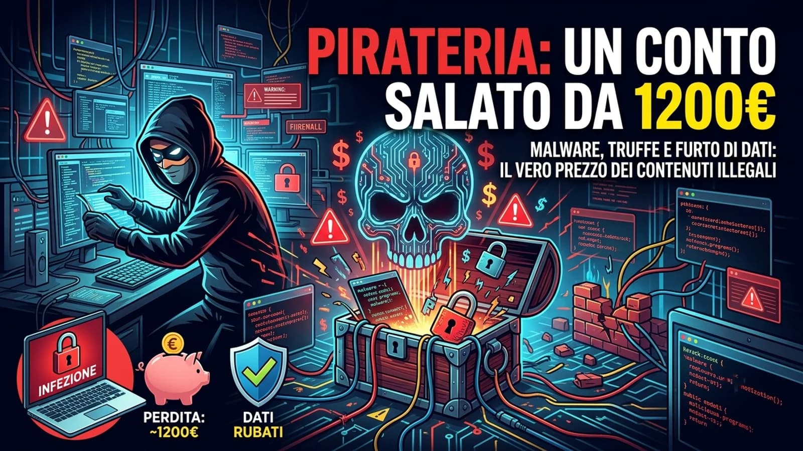 Illustrazione di una minaccia informatica con pirata digitale, virus e truffe online.