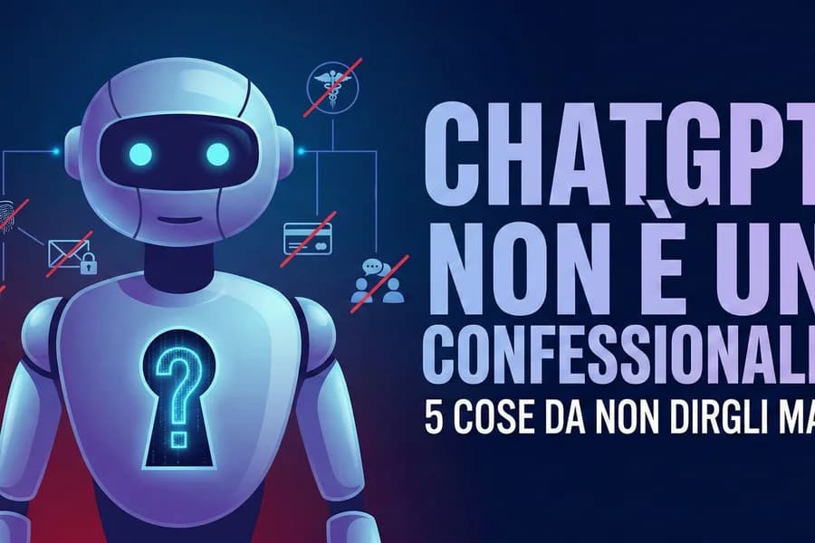 Robot con punto interrogativo nella copertina sui dati personali da non condividere con ChatGPT.