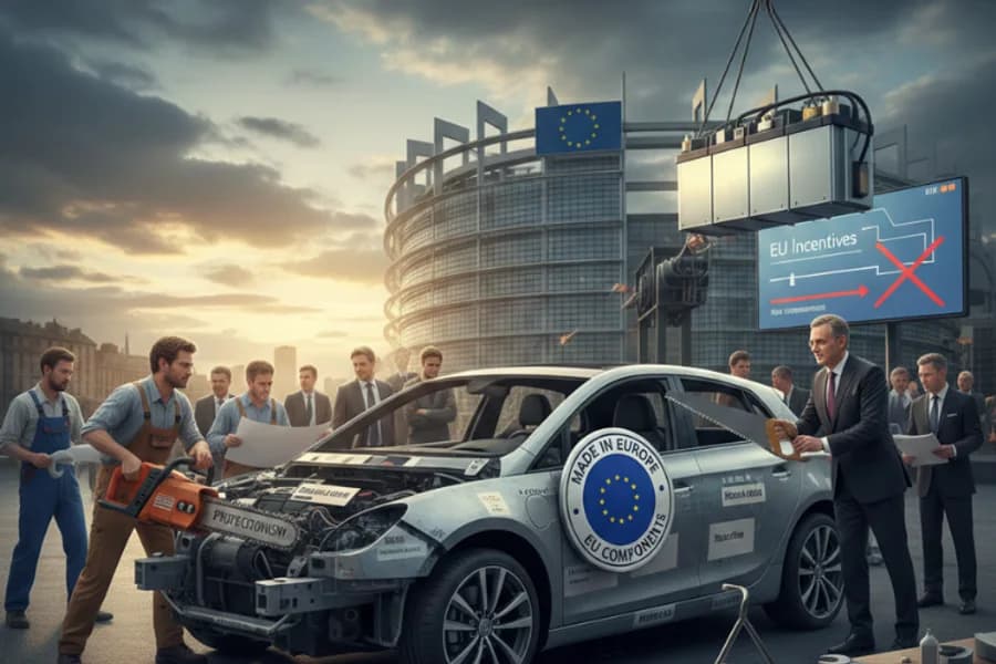 Auto elettrica davanti a uno stabilimento industriale, in una grafica sugli incentivi europei.