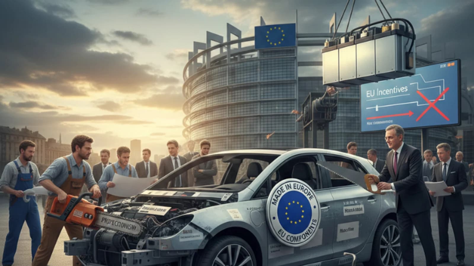 Auto elettrica davanti a uno stabilimento industriale, in una grafica sugli incentivi europei.