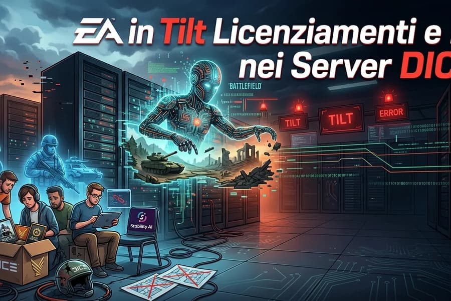 Illustrazione su EA e DICE con uffici, sviluppatori e simboli di licenziamenti e IA.
