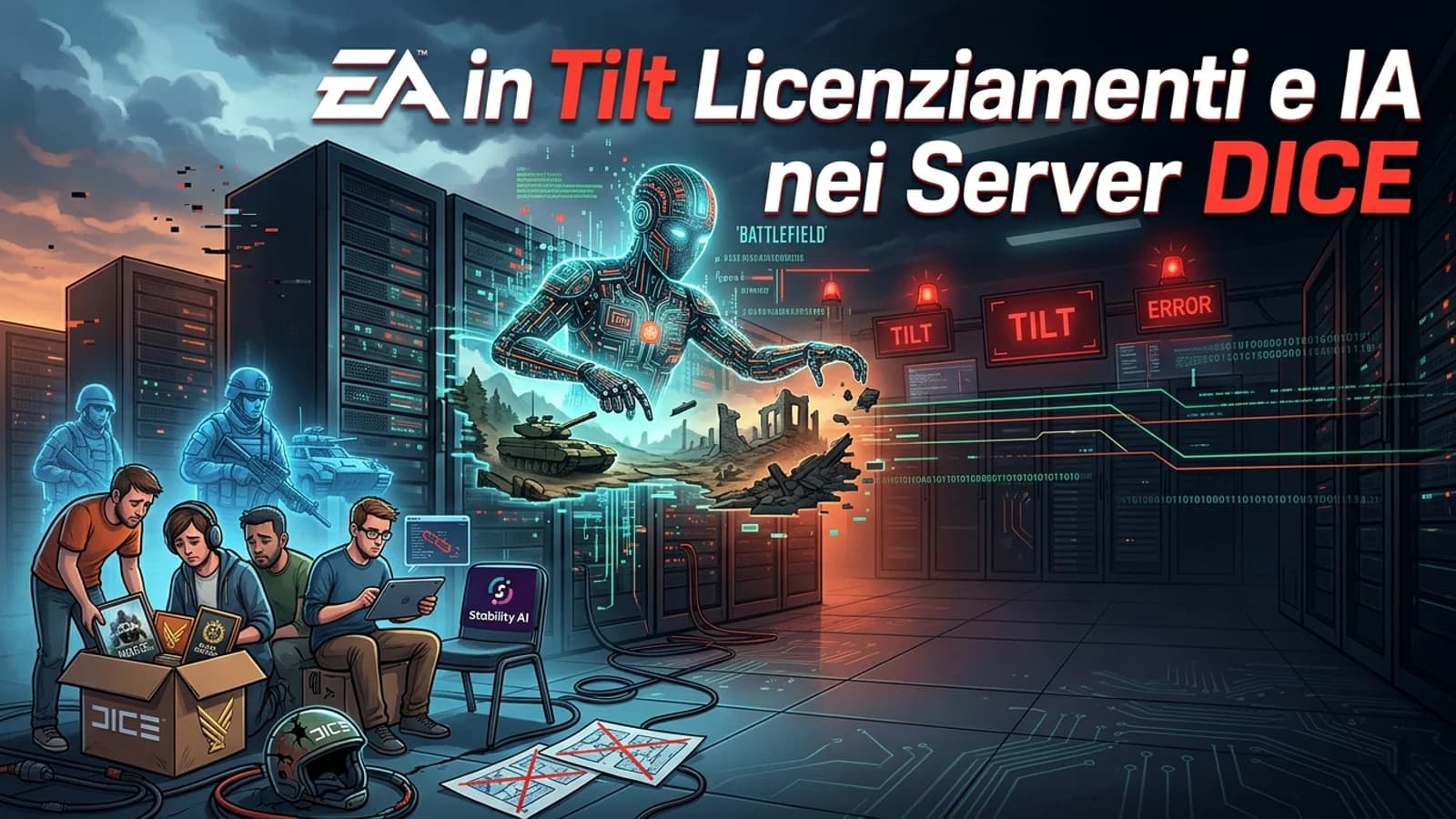 Illustrazione su EA e DICE con uffici, sviluppatori e simboli di licenziamenti e IA.