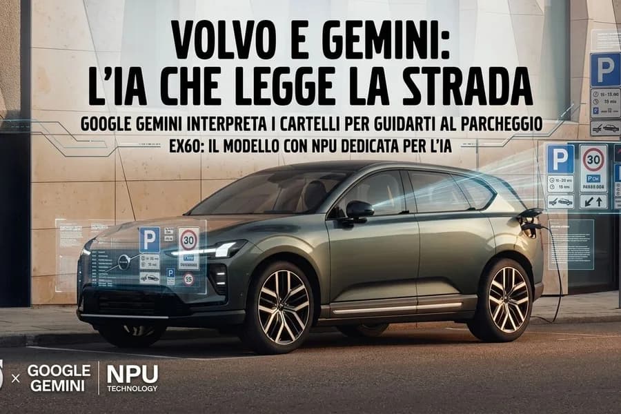 SUV Volvo grigio su strada con riferimenti grafici a Google Gemini e ai segnali stradali.