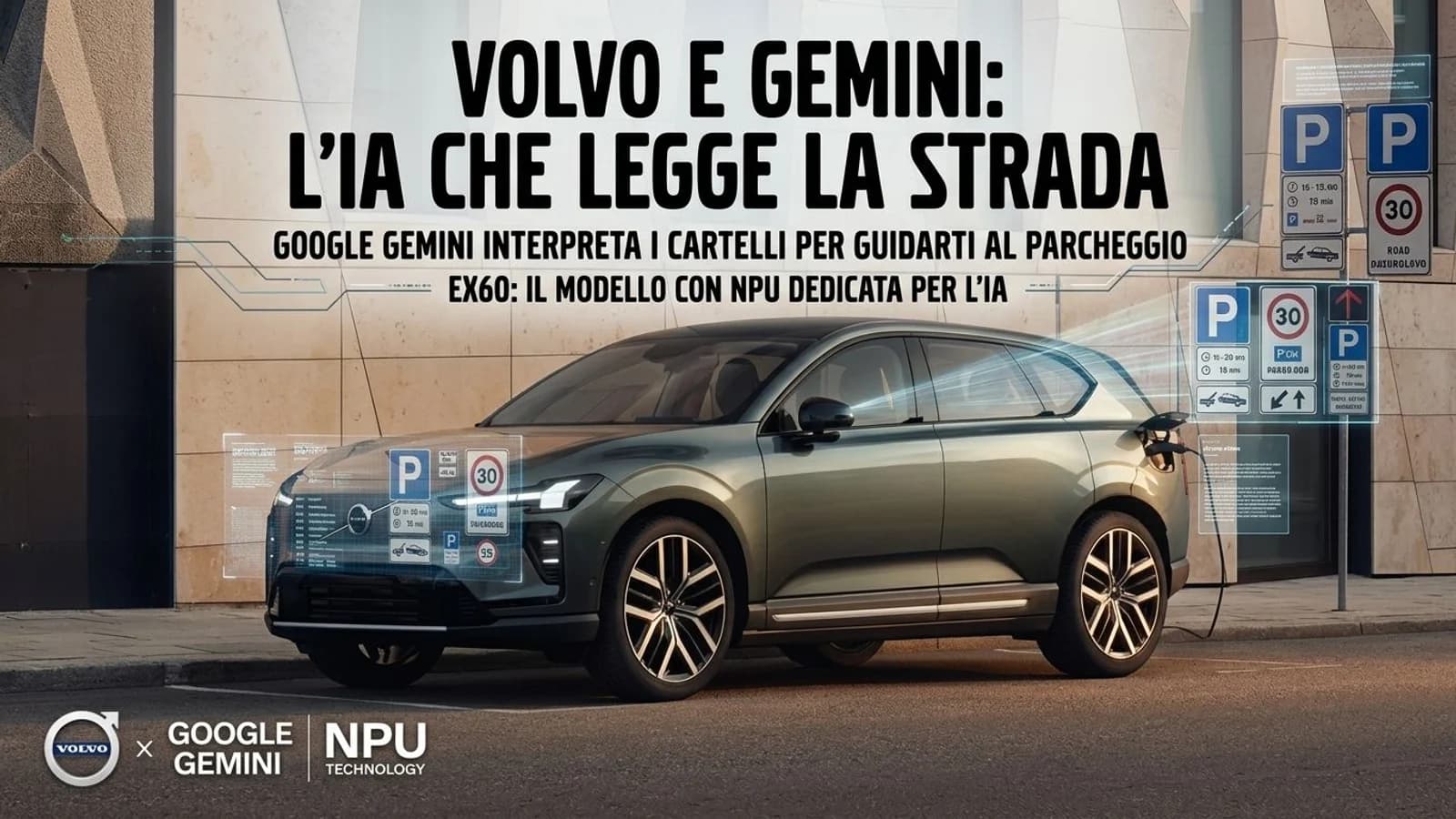 SUV Volvo grigio su strada con riferimenti grafici a Google Gemini e ai segnali stradali.