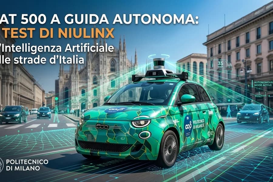 Fiat 500 verde dotata di sensori su strada urbana nella copertina del test di guida autonoma.