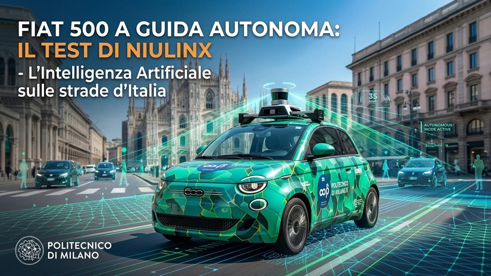 Fiat 500 verde dotata di sensori su strada urbana nella copertina del test di guida autonoma.