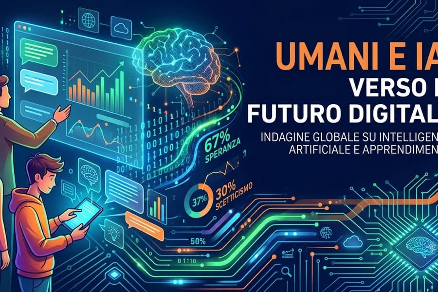Illustrazione di persone e reti neurali in una copertina sul rapporto tra esseri umani e IA.