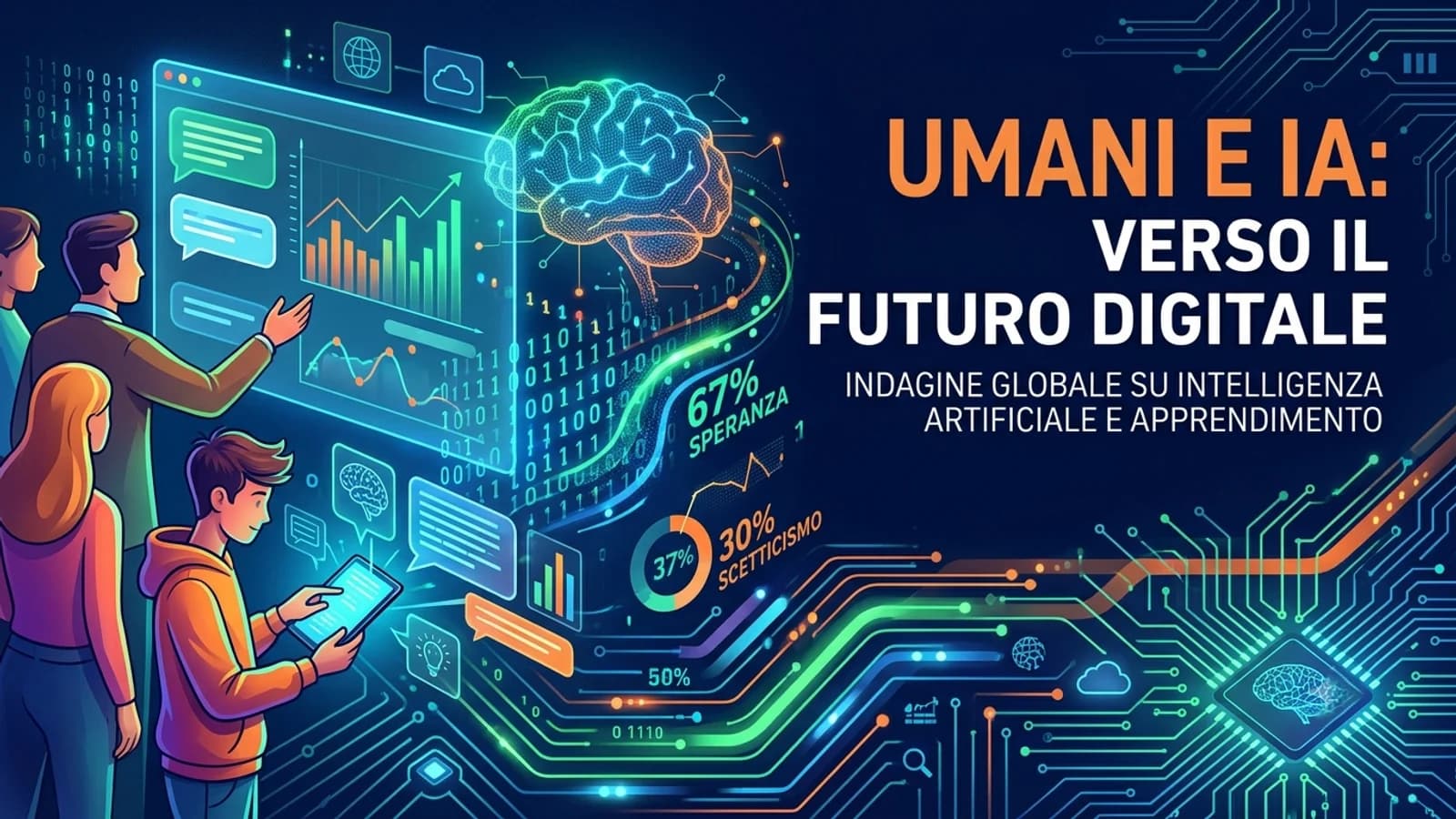 Illustrazione di persone e reti neurali in una copertina sul rapporto tra esseri umani e IA.