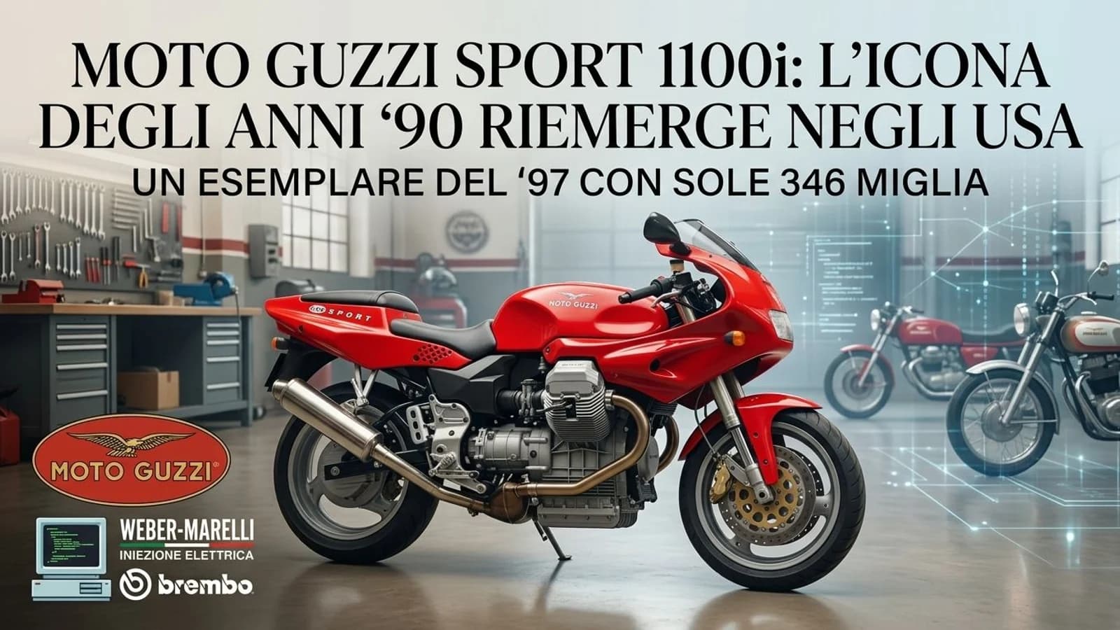 Moto Guzzi Sport 1100i rossa degli anni Novanta vista di tre quarti su strada.