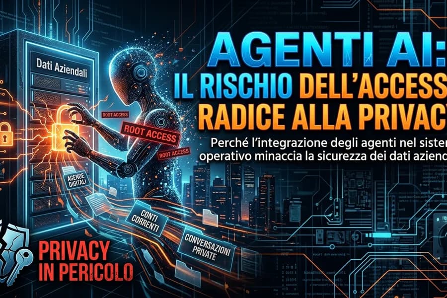 Illustrazione di agenti IA con accesso ai dati e ai dispositivi, in una grafica sulla privacy.