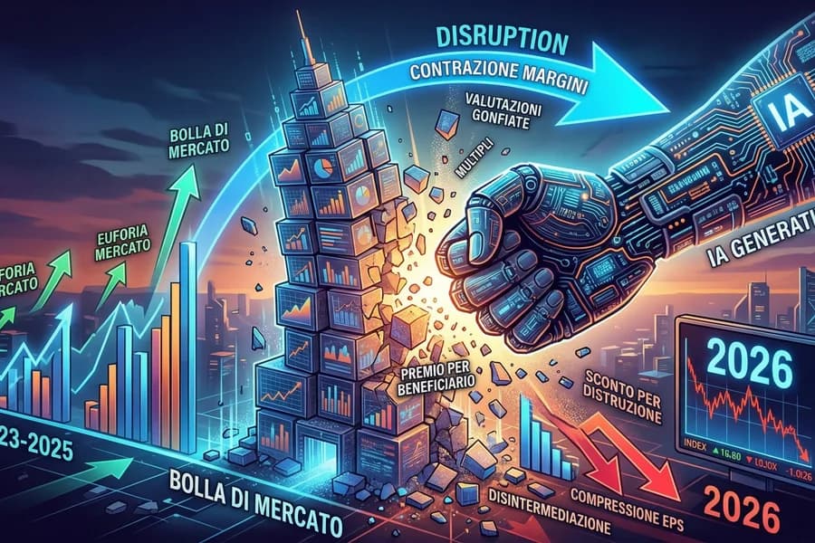 Infografica finanziaria sull'IA con grafici di borsa, chip e andamento delle valutazioni.