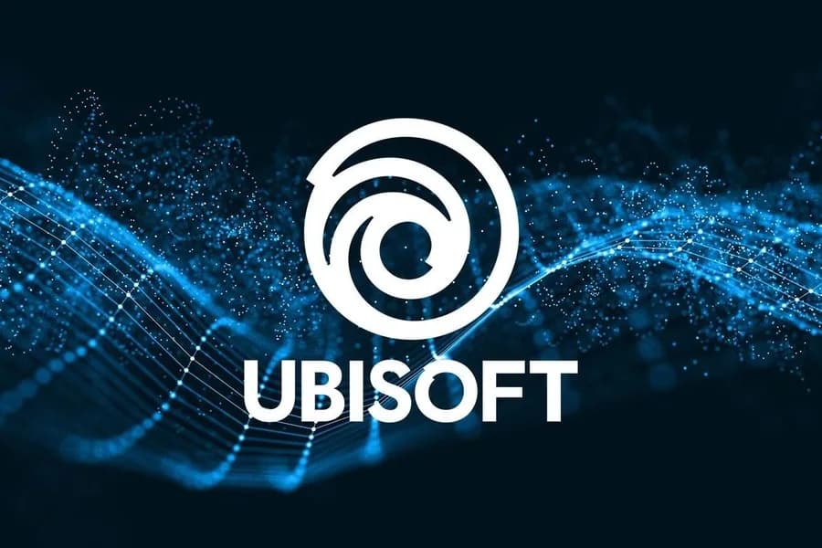 Logo Ubisoft bianco su sfondo blu con grafica digitale, nella copertina sullo sciopero di Milano.