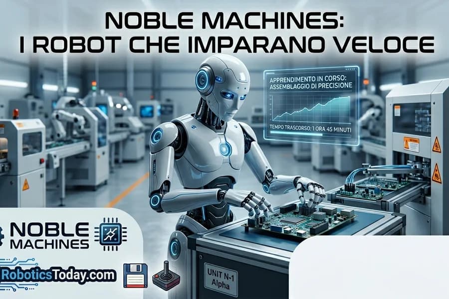 Robot umanoidi di Noble Machines su una linea industriale automatizzata.