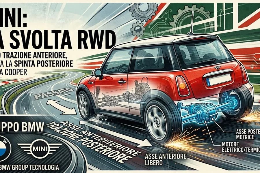 MINI rossa con schema illustrato della trasmissione e della trazione posteriore.