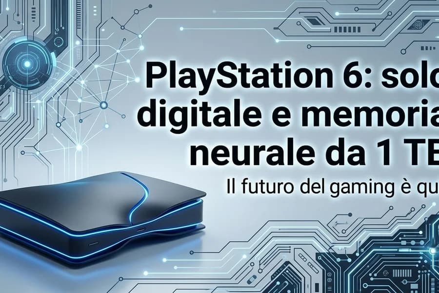 Illustrazione di una console PlayStation 6 ipotetica con grafica digitale e riferimenti alla memoria.