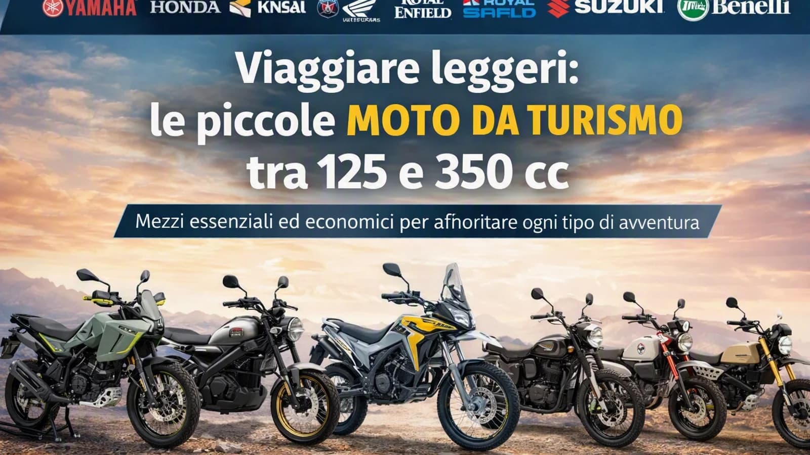 Moto da turismo leggere allineate su una strada panoramica di montagna.