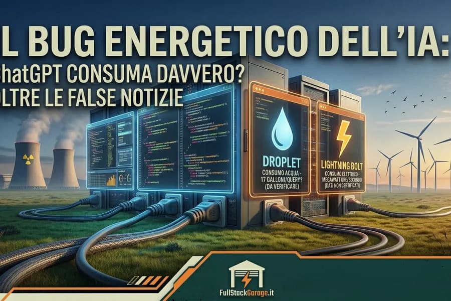 Infografica sui consumi energetici di ChatGPT con edifici, batterie e turbine eoliche.