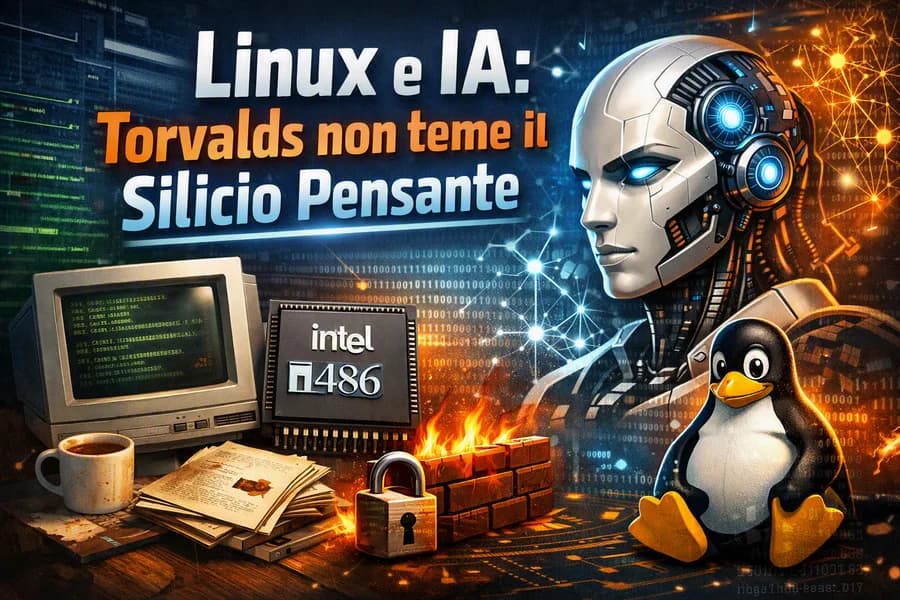 Collage di un computer vintage, un robot e simboli di Linux e intelligenza artificiale.