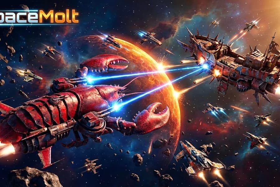 Astronavi e combattimenti spaziali in una copertina dedicata al videogioco SpaceMolt.