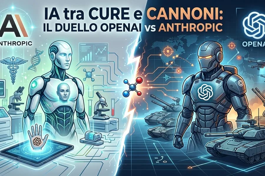 Illustrazione del confronto OpenAI e Anthropic fra robot, sistemi di difesa e applicazioni sanitarie.
