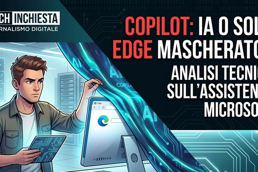 Copertina sul rapporto tra Copilot e Microsoft Edge con un utente e un'interfaccia digitale.