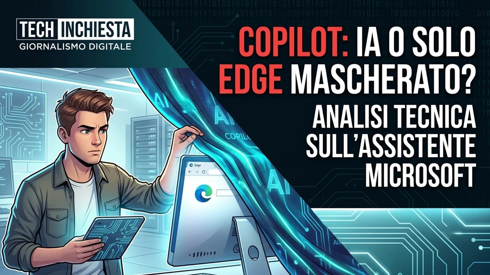Copertina sul rapporto tra Copilot e Microsoft Edge con un utente e un'interfaccia digitale.