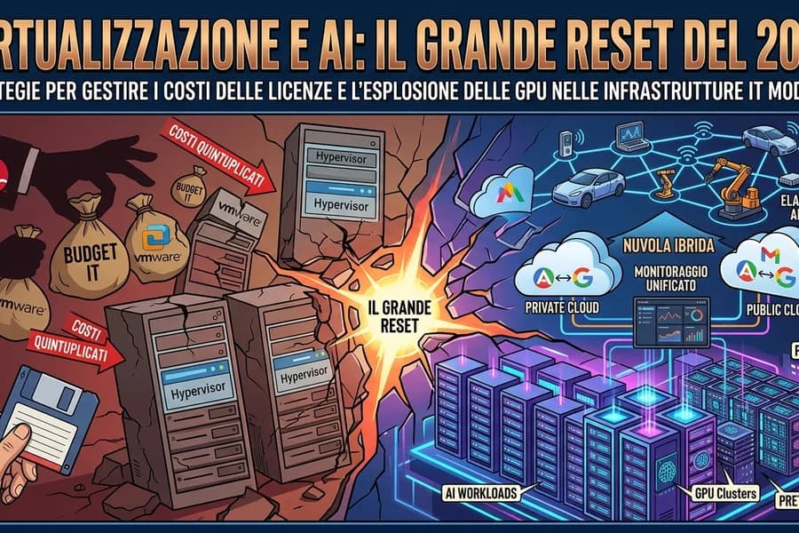 Infografica di server, cloud e virtualizzazione con elementi digitali riferiti al 2026.