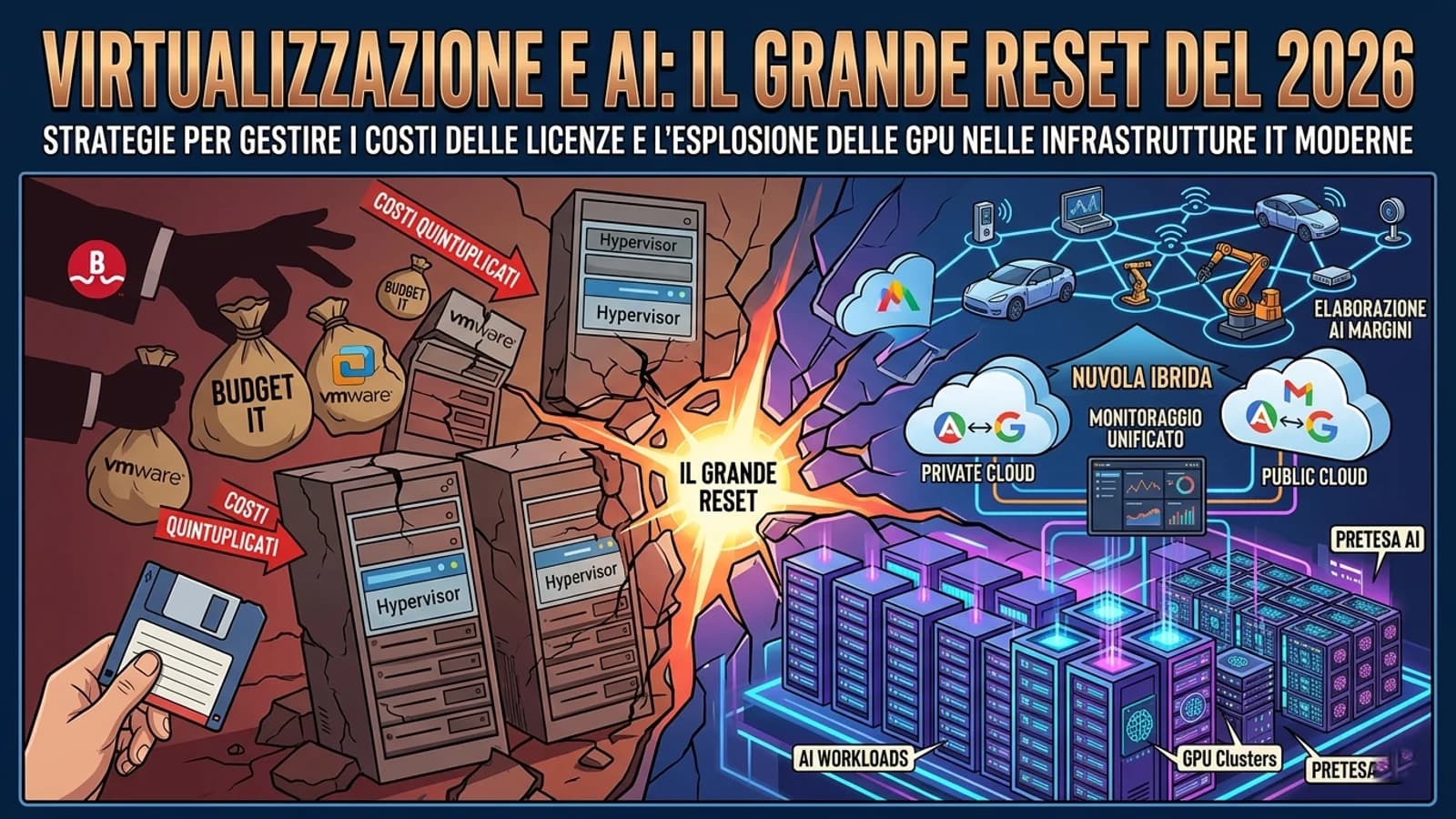 Infografica di server, cloud e virtualizzazione con elementi digitali riferiti al 2026.