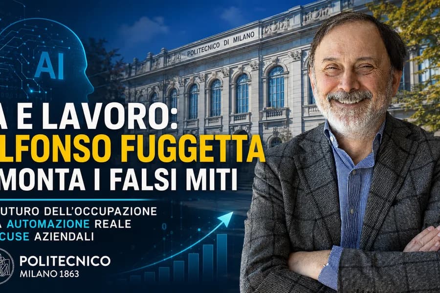Ritratto di Alfonso Fuggetta con uno sfondo cittadino e scritte sull'IA e il lavoro.