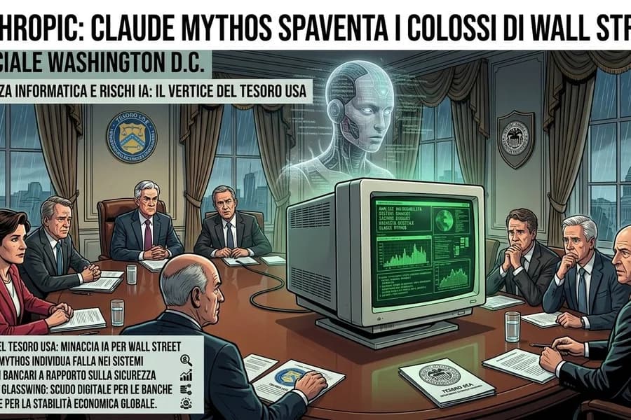 Illustrazione finanziaria con computer verde, persone riunite e tema Claude Mythos.
