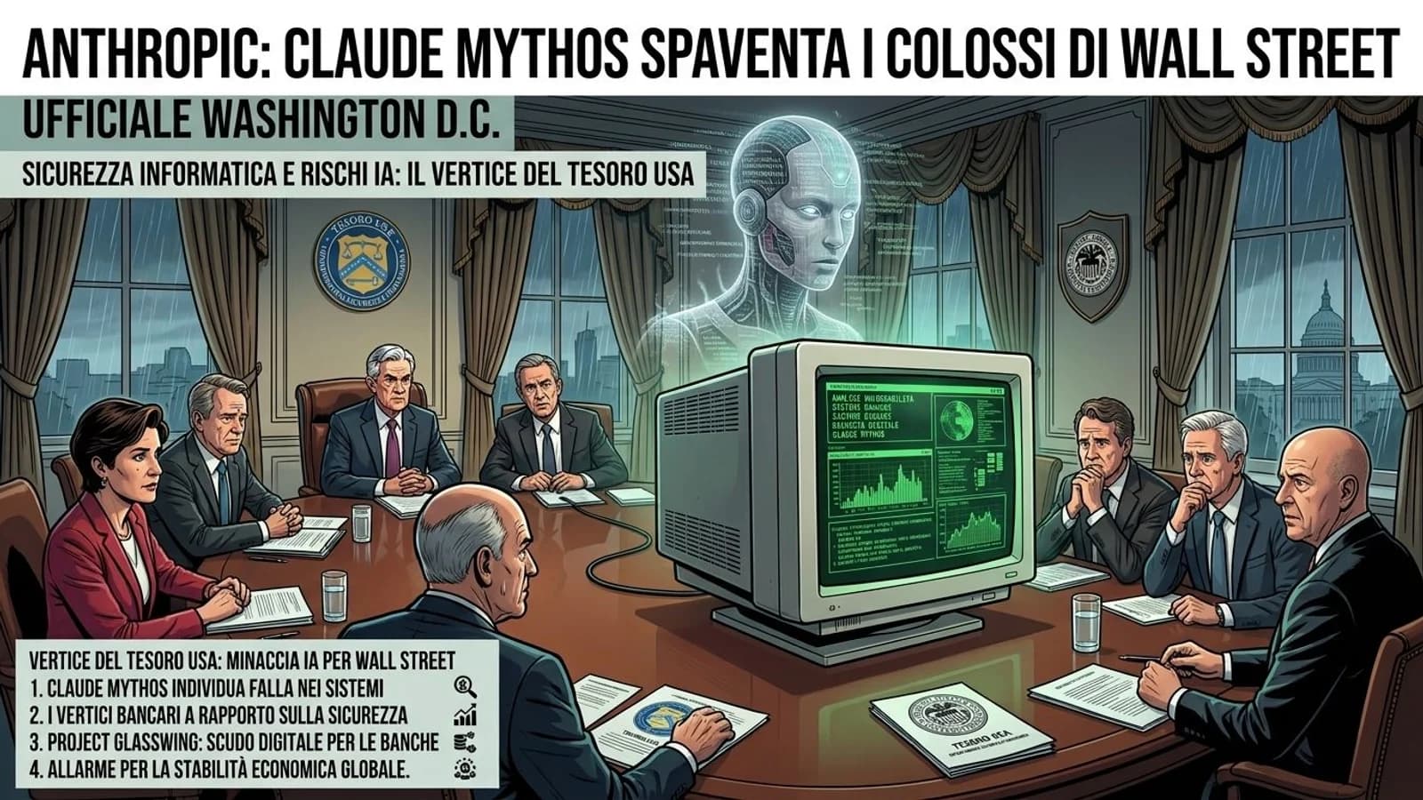 Illustrazione finanziaria con computer verde, persone riunite e tema Claude Mythos.