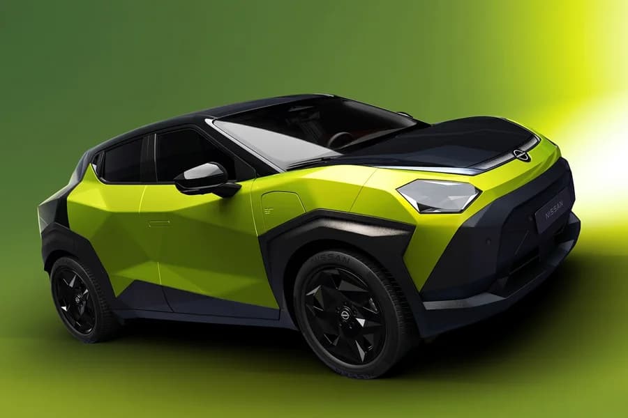 Nissan Juke concept verde lime con carrozzeria spigolosa su sfondo scuro.