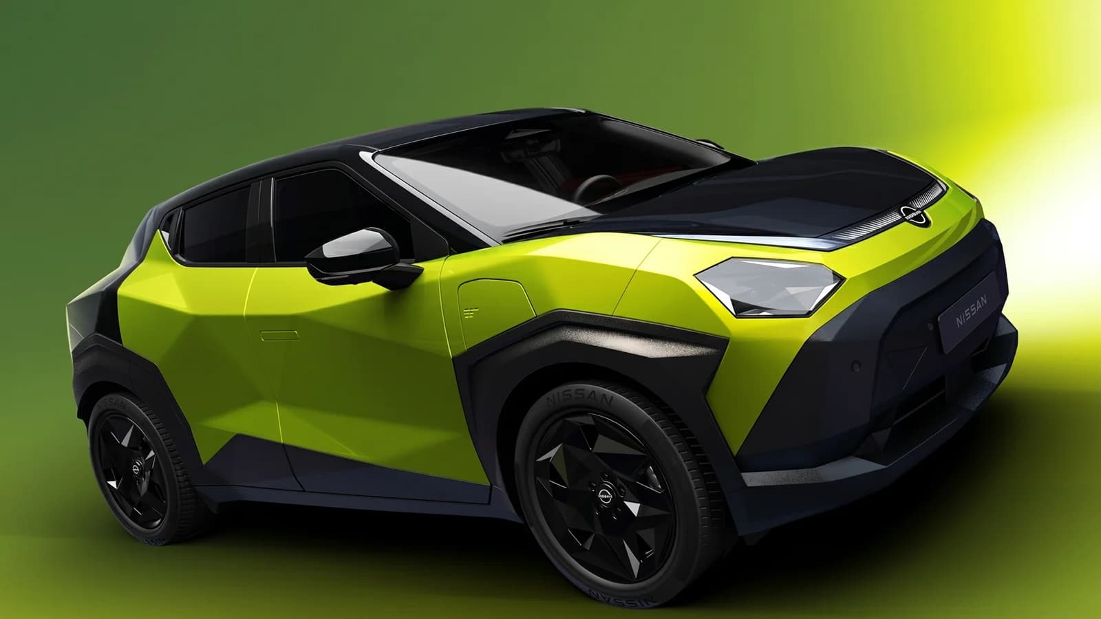 Nissan Juke concept verde lime con carrozzeria spigolosa su sfondo scuro.