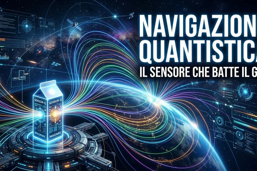 Illustrazione tecnica di un sensore quantistico luminoso con flussi per la navigazione senza GPS.