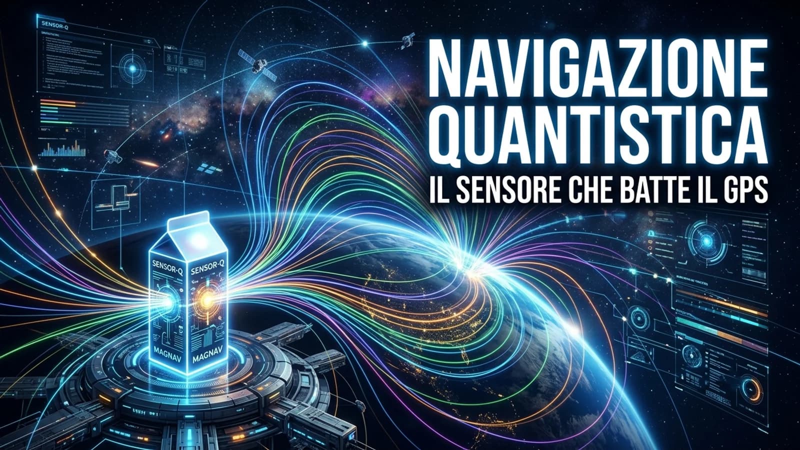 Illustrazione tecnica di un sensore quantistico luminoso con flussi per la navigazione senza GPS.
