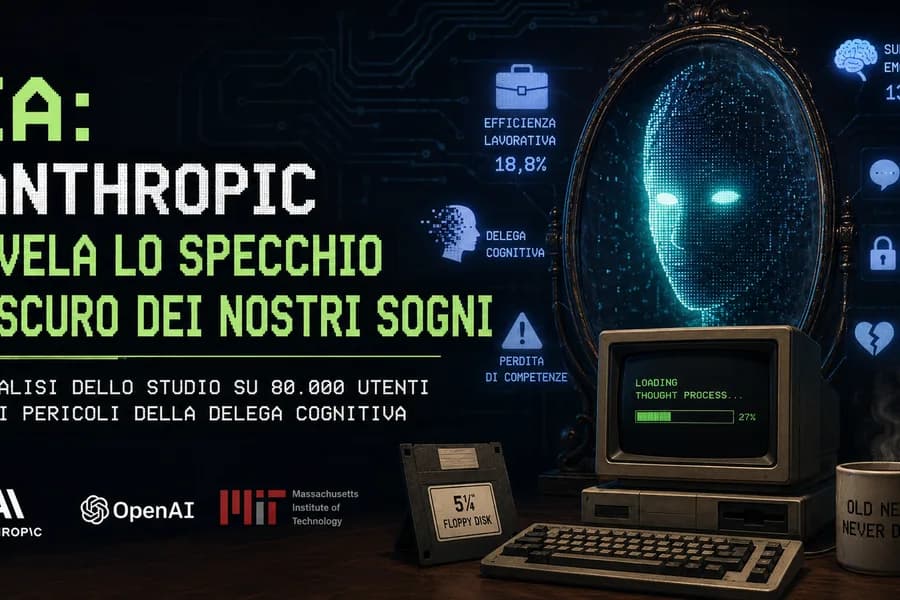 Illustrazione di una figura digitale e computer sullo studio Anthropic dei modelli di IA.